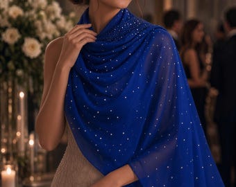 Royal Blue Rhinestone Chiffon Scarf – Sparkle Evening Shawl – Elegant Wedding Wrap – Lightweight Formal Scarf 28x68