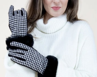 Houndstooth Gloves with Faux Fur Cuff - Touch Screen Winter Gloves