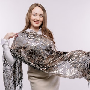 Gold Champagne Elegant Elegance sparkle  Floral Embroidery Sequin Scarf Tassel Fringe Shawl