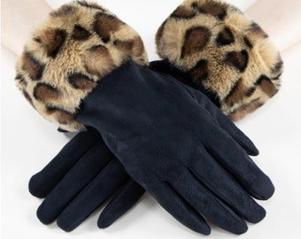 Leopard Faux Fur Cuff Gloves, Touch Screen Compatible