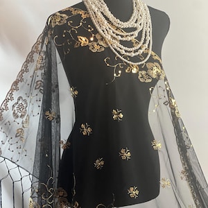 Black Gold Elegant Evening Wrap with Golden Floral Embroidery Perfect for Special Occasions and Festive Gatherings Sequin Scarf