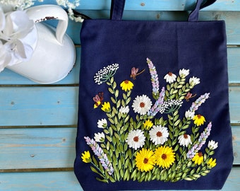 Navy Blue Handmade Embroidered Daisy Canvas Tote Bag with Metal Zipper and Inner Pocket - 3D Ribbon Design