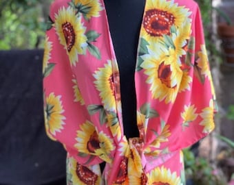 Sunflower Print Kimono: Pink Summer Beach Cover-Up (35x35 inches)