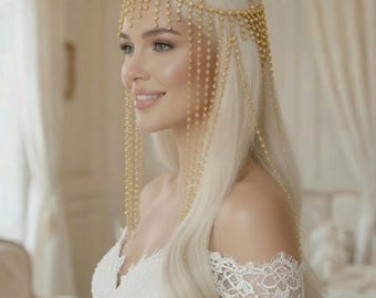 Gold Crystal Fringe Bridal Headpiece – Wedding Forehead Chain – Boho Bridal Hair Jewelry – Goddess Headpiece – Festival Hair Accessory