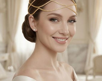 Gold Crystal Bridal Headpiece – Rhinestone Wedding Hair Chain – Boho Forehead Head Chain – Bridal Hair Jewelry – Festival Headpiece