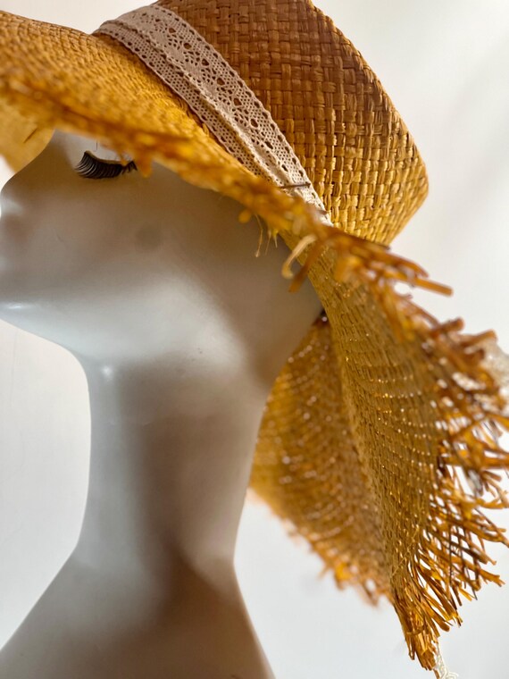 Yellow Raffia Sun Hat: Frayed Wide Brim With Lace Ribbon - Etsy