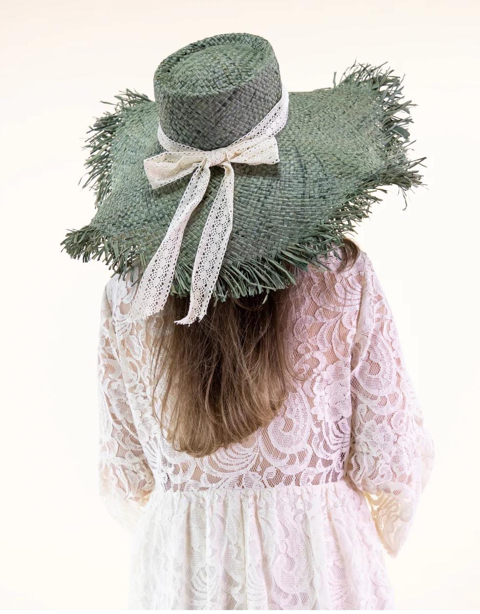 Olive Green Raffia Sun Hat: Frayed Wide Brim With Lace 