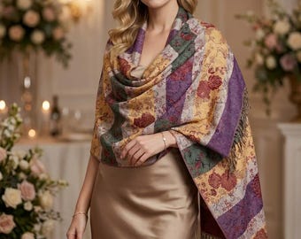Multicolor Floral Pashmina Shawl – Purple Green Beige Rose Pattern Wrap with Fringe