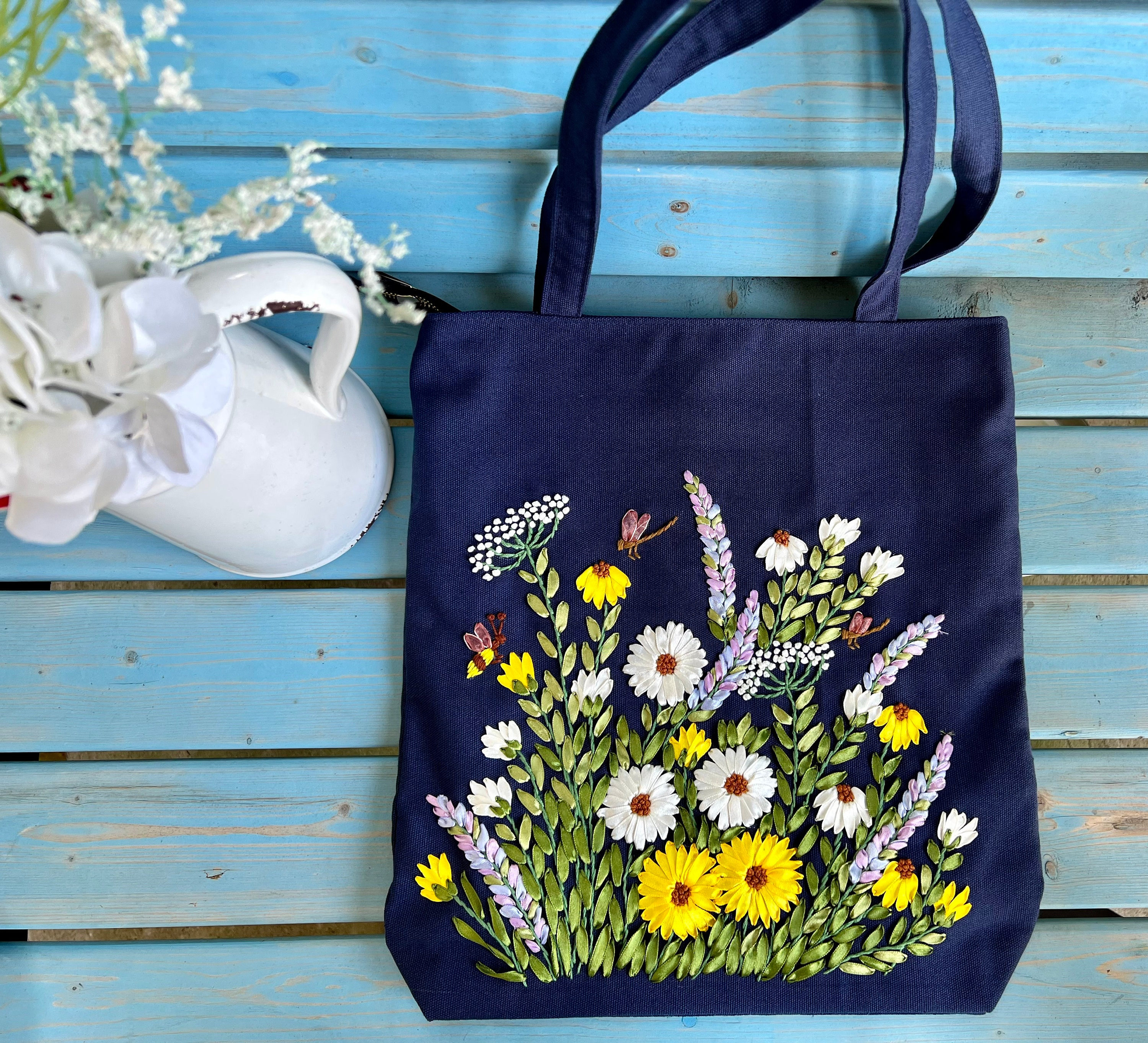 Artful Handmade 3D RIBBON Embroidery Canvas Tote Bag, Beautiful DAISY Embroidery  Tote Bag. Navy Blue Shoulder Tote Bag 