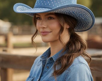 Blauer Rhinestone-Western-Denim-Hut | Sparkly Cowgirl Hut mit breiter Krempe | Mode Rodeo Hut | Zauberhafter Westernstil