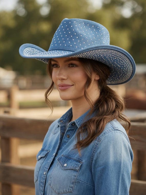 Blue Rhinestone Western Denim Hat | Sparkly Cowgirl Wide 