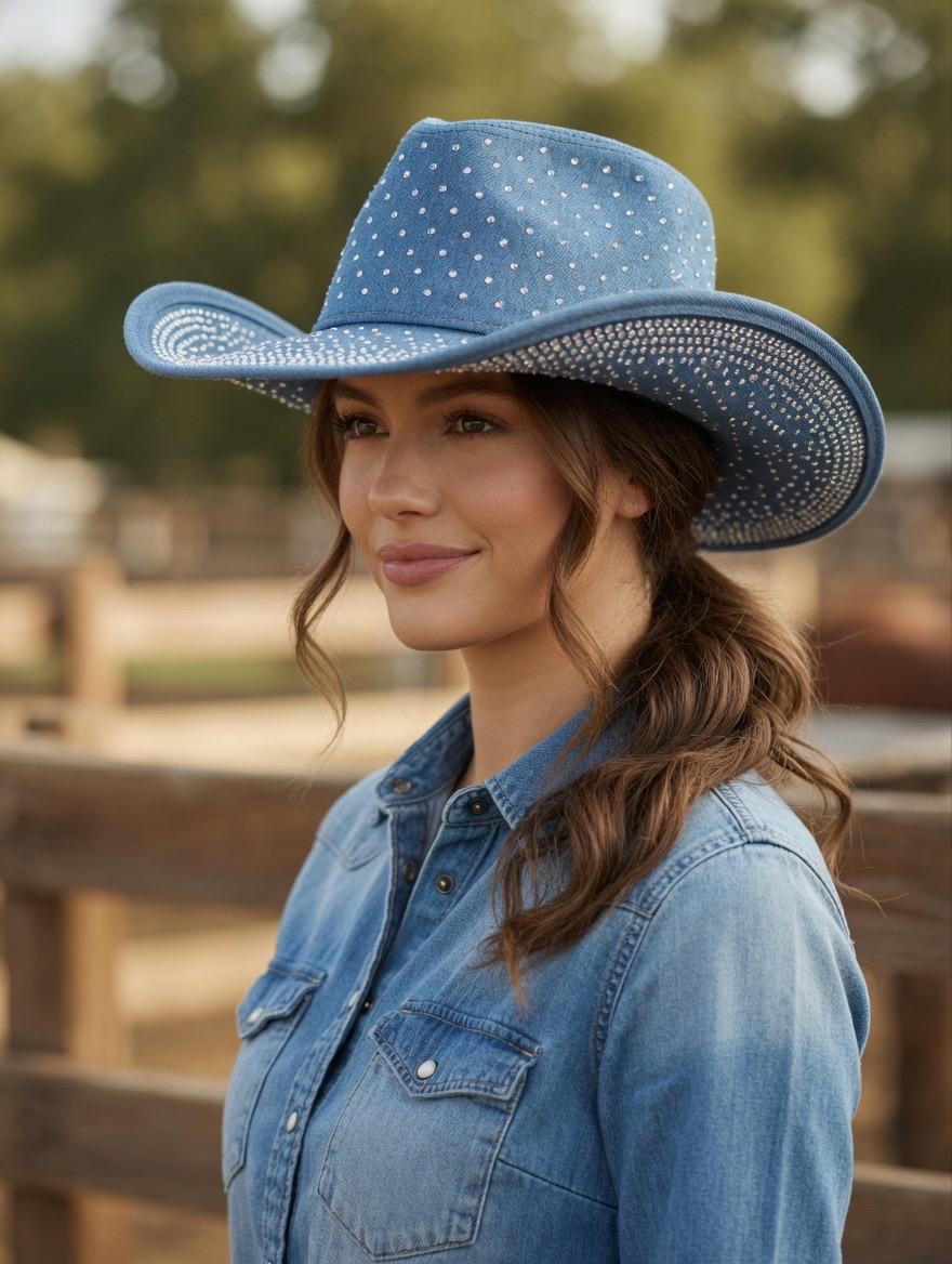 5772 Denim Cowboy Hat For Women Rhinestone Western Wide Brim Cowgirl Verdusa Women main image 4