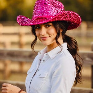 Fuschia‎ Bright Western Hat pearl trimmed hat band wide brim Straw Cowboy Hat for Women with Beaded Trim and Shapeable  main image 3