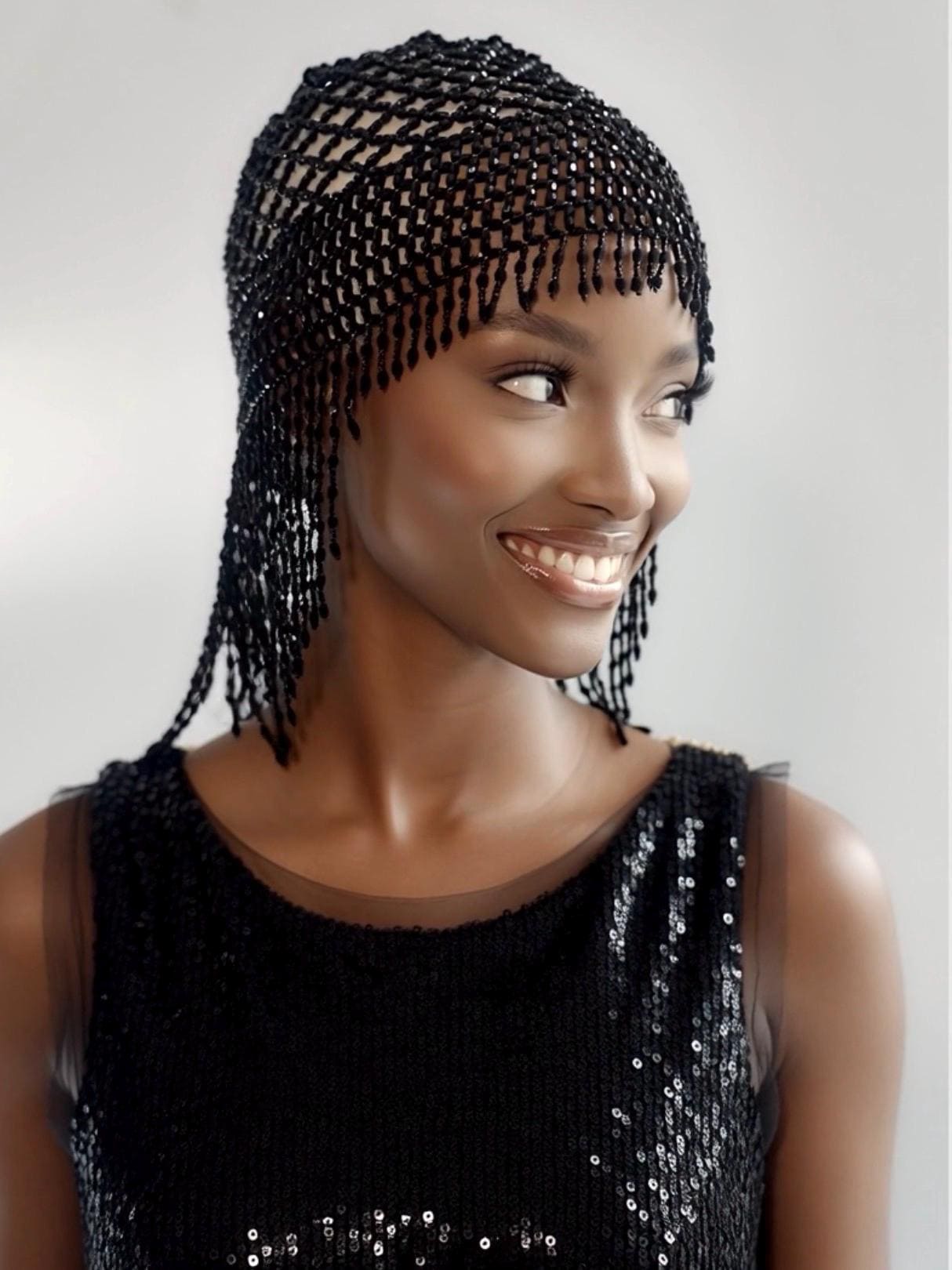 Black Beaded Mesh Headpiece – Rhinestone-look Costume Cap - Etsy display picture 1