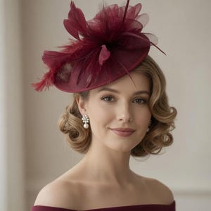 Burgundy Feather Fascinator Hat: Elegant Headpiece for Weddings & Tea Parties