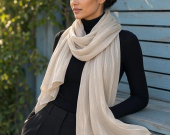 Ivory Pearl Shimmer Silky Scarf – Crinkle Evening Wrap – Lightweight Wedding Shawl – Elegant Bridal Scarf 28x68