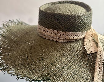 Handmade 100% Raffia Wide Brim Floppy Sun Hat Olive Green Coastal Resort Olive Green Raffia Sun Hat: Frayed Wide Brim With Lace  main image 4