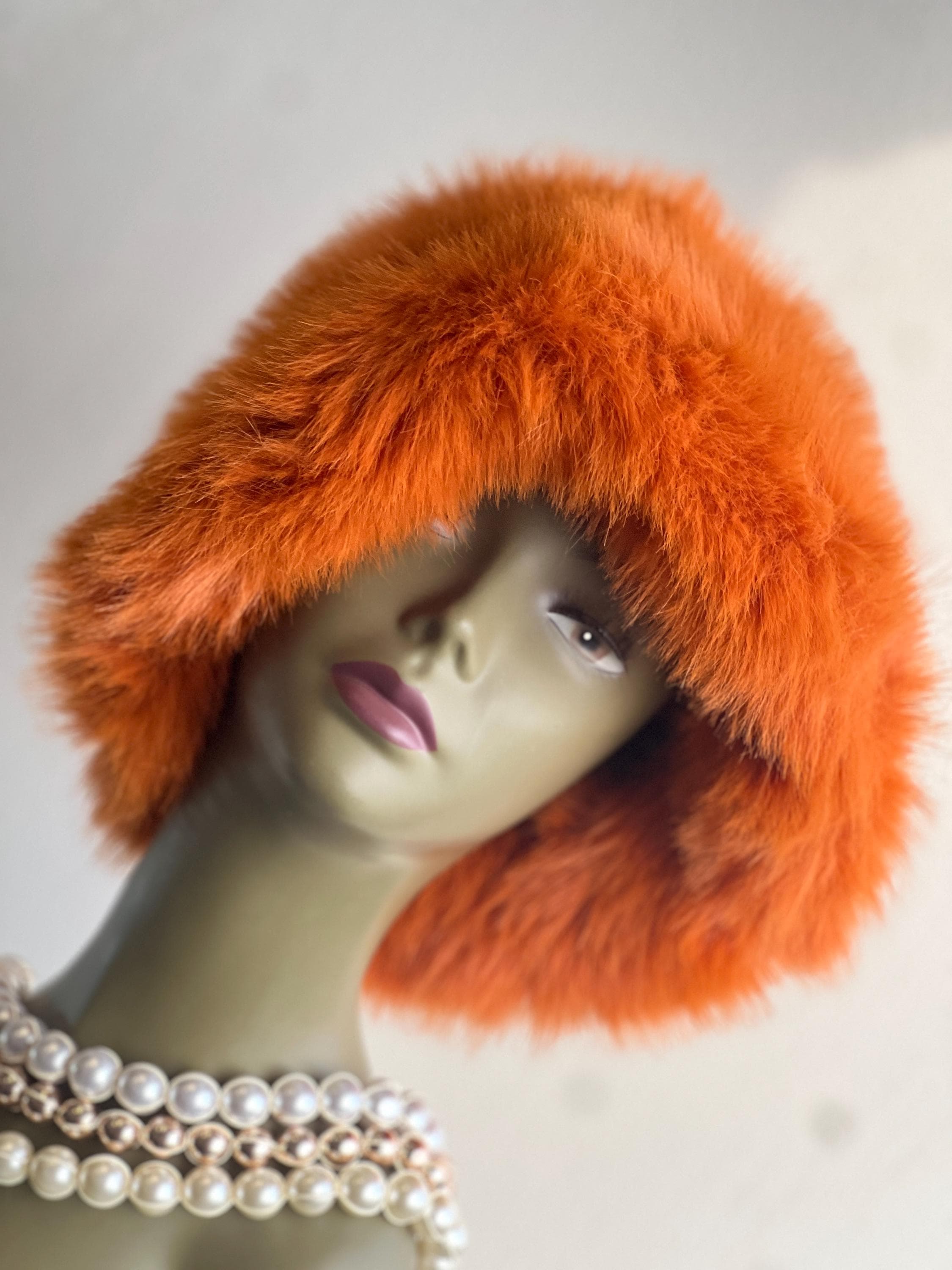 LAST ONE ? Orange Faux Fur Winter Bucket Hat iHPH7 Fuzzy Bucket Hat Faux Fur Hat Winter Caps for Women  main image 4