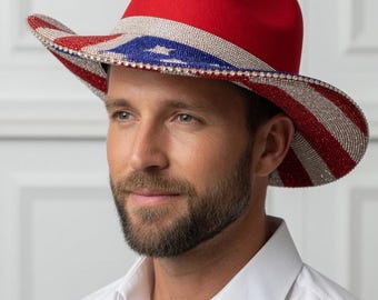 American Flag Rhinestone Fedora Hat – Patriotic Sparkle Statement Hat