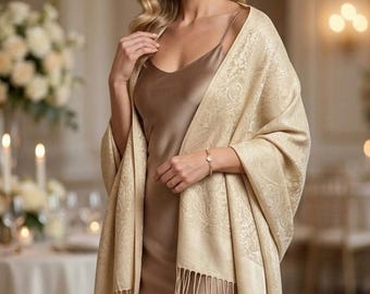 Ivory Champagne Paisley Pashmina Shawl – Silky Jacquard Fringe Wrap