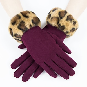 Burgundy Faux Fur Leopard Cuff Gloves - Trendy Winter Accessory Touch Screen Gloves