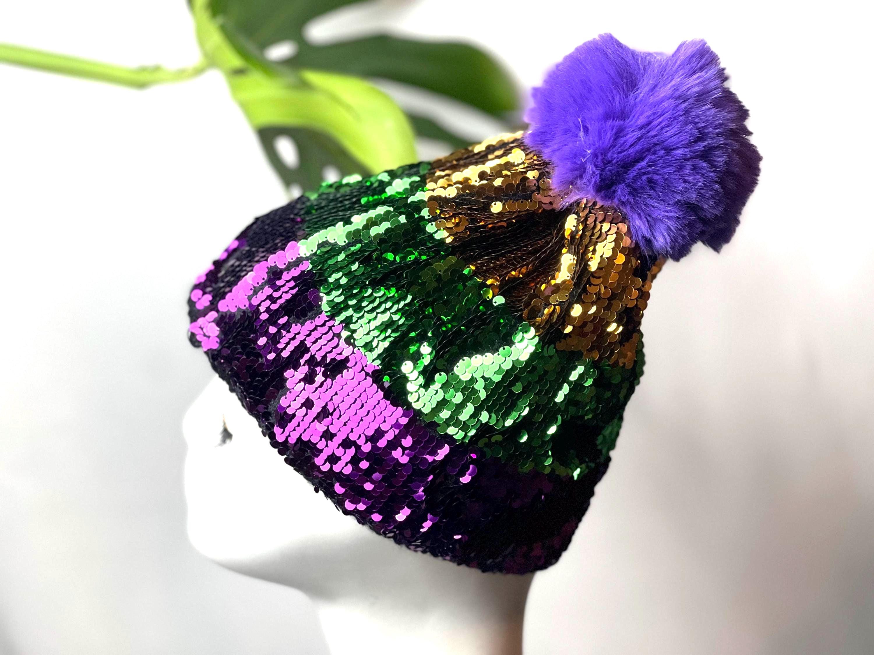 Mardi Gras Sequin Beanie With Pom-pom – Festive Sparkle 