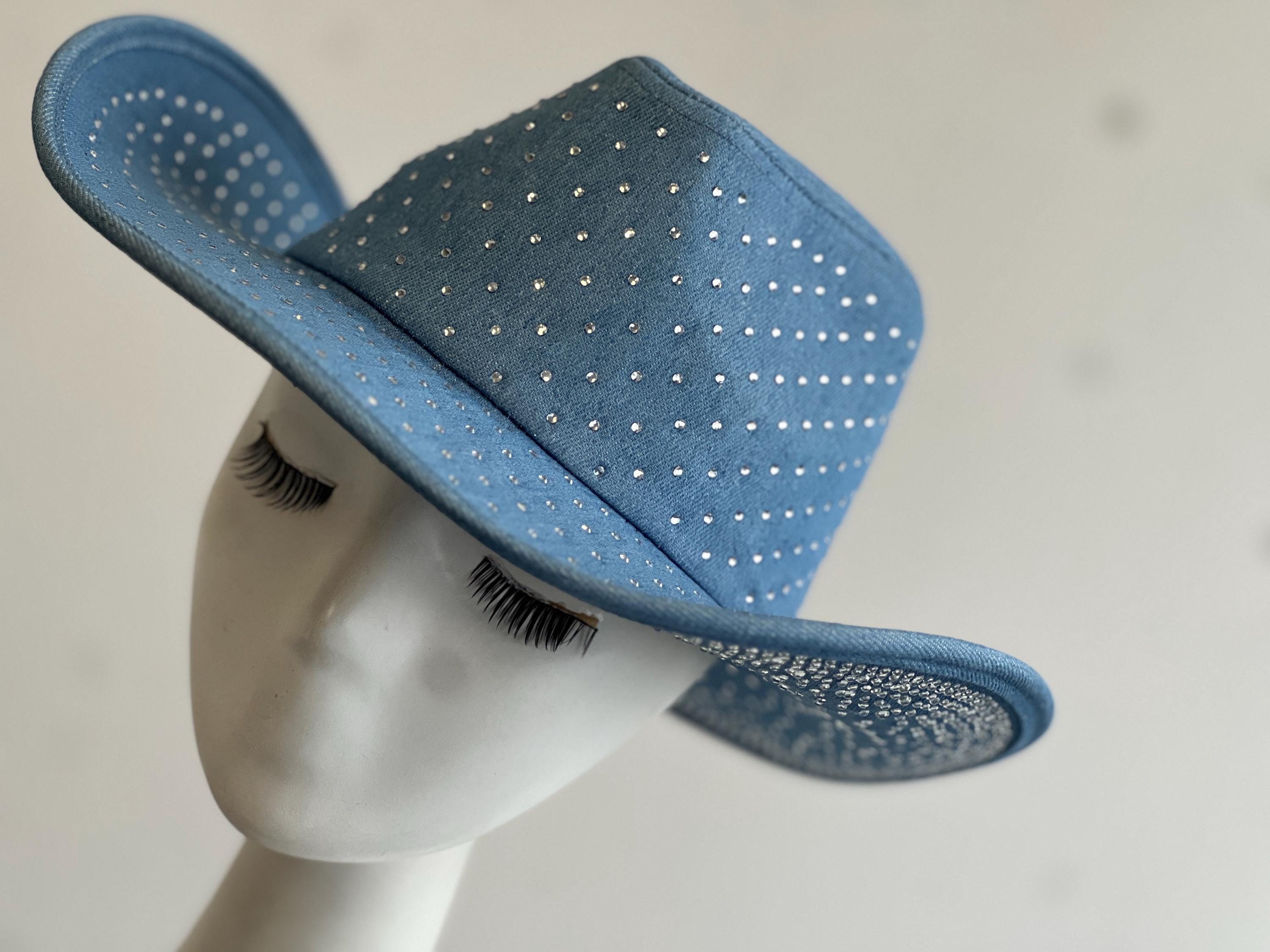 Blue Denim Rhinestone Embellished Western Cowboy Fedora Hat Blue Rhinestone Western Denim Hat | Sparkly Cowgirl Wide  main image 4