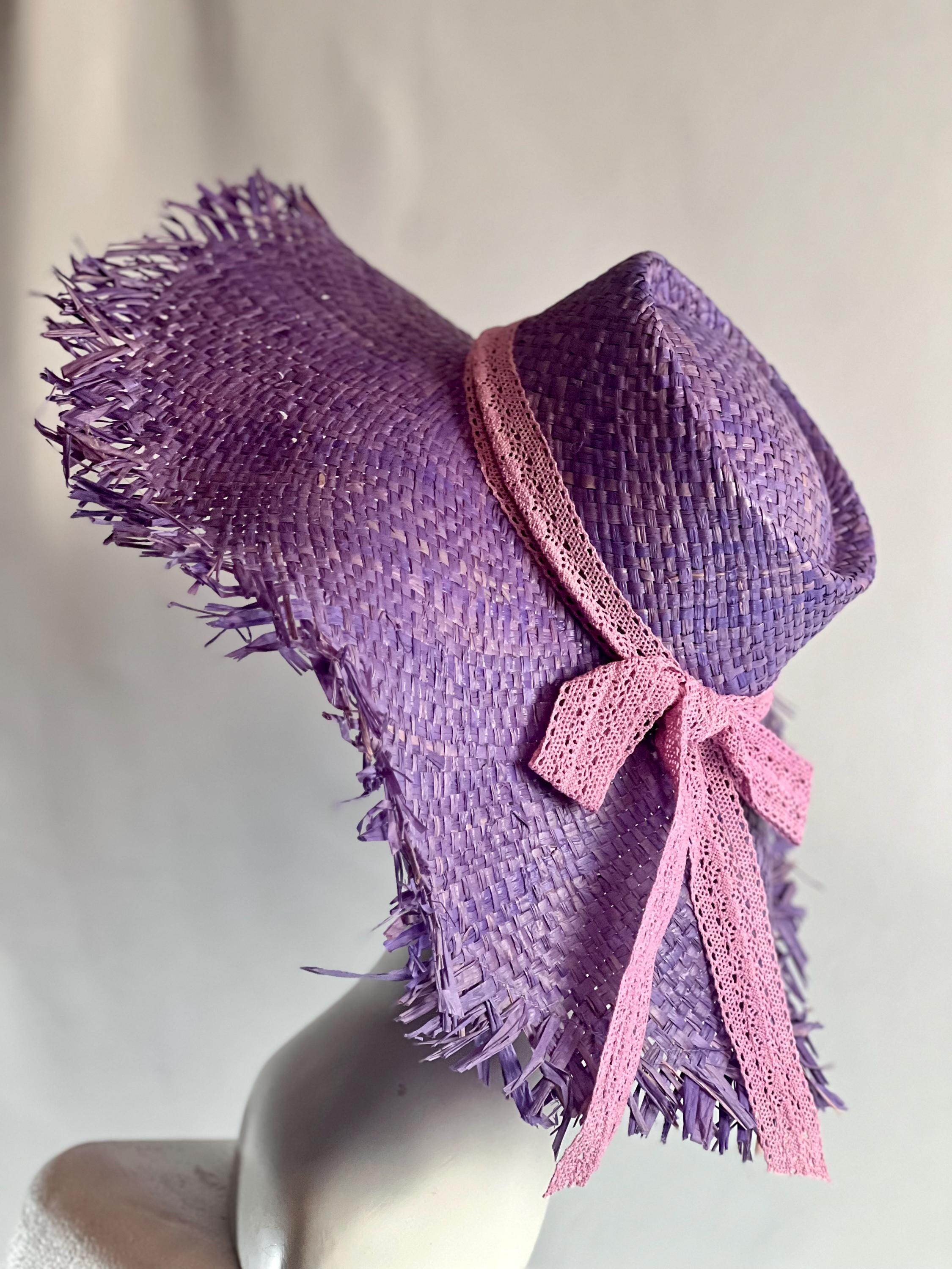 Purple Raffia Sun Hat: Wide Brim Boho Beach Hat With Lace - Etsy display picture 2