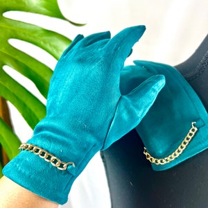 Chic Teal Blue Faux Suede Gloves Gold Chain Decor