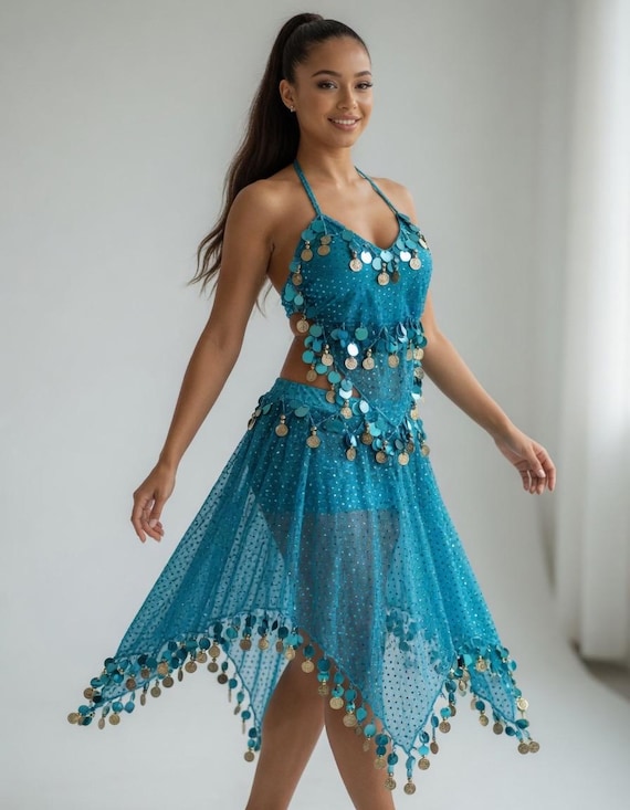 Blue Sequin Belly Dance Costume: Sheer Halter Top & Coin Skirt