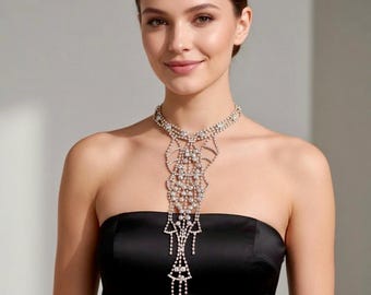 GOLD Luxury Rhinestone Tie Necklace – Statement Crystal Neckpiece