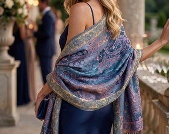 Navy Teal Paisley Pashmina Shawl – Multicolor Metallic Fringe Wrap