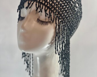 Black Beaded Mesh Headpiece – Rhinestone-look Costume Cap - Etsy display picture 1