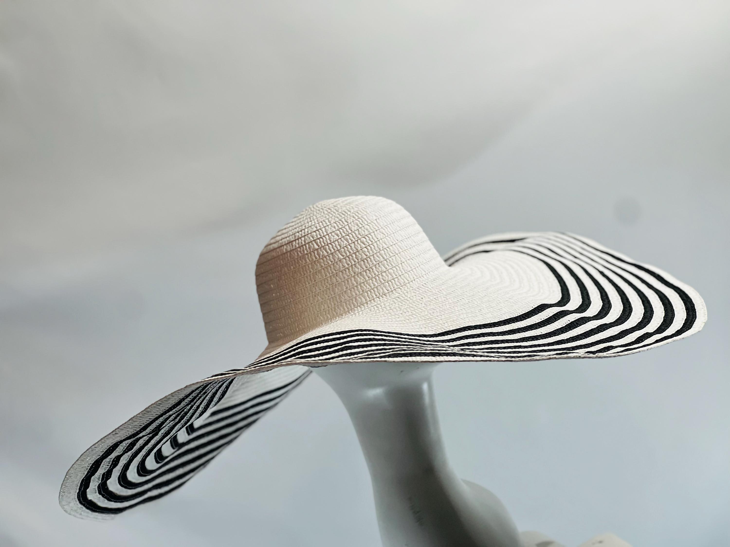 Black White Striped Wide Brim Sun Hat, Oversized Floppy 