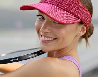 Hot Pink Rhinestone Visor Hat, Sparkle Tennis Sun Sport Cap