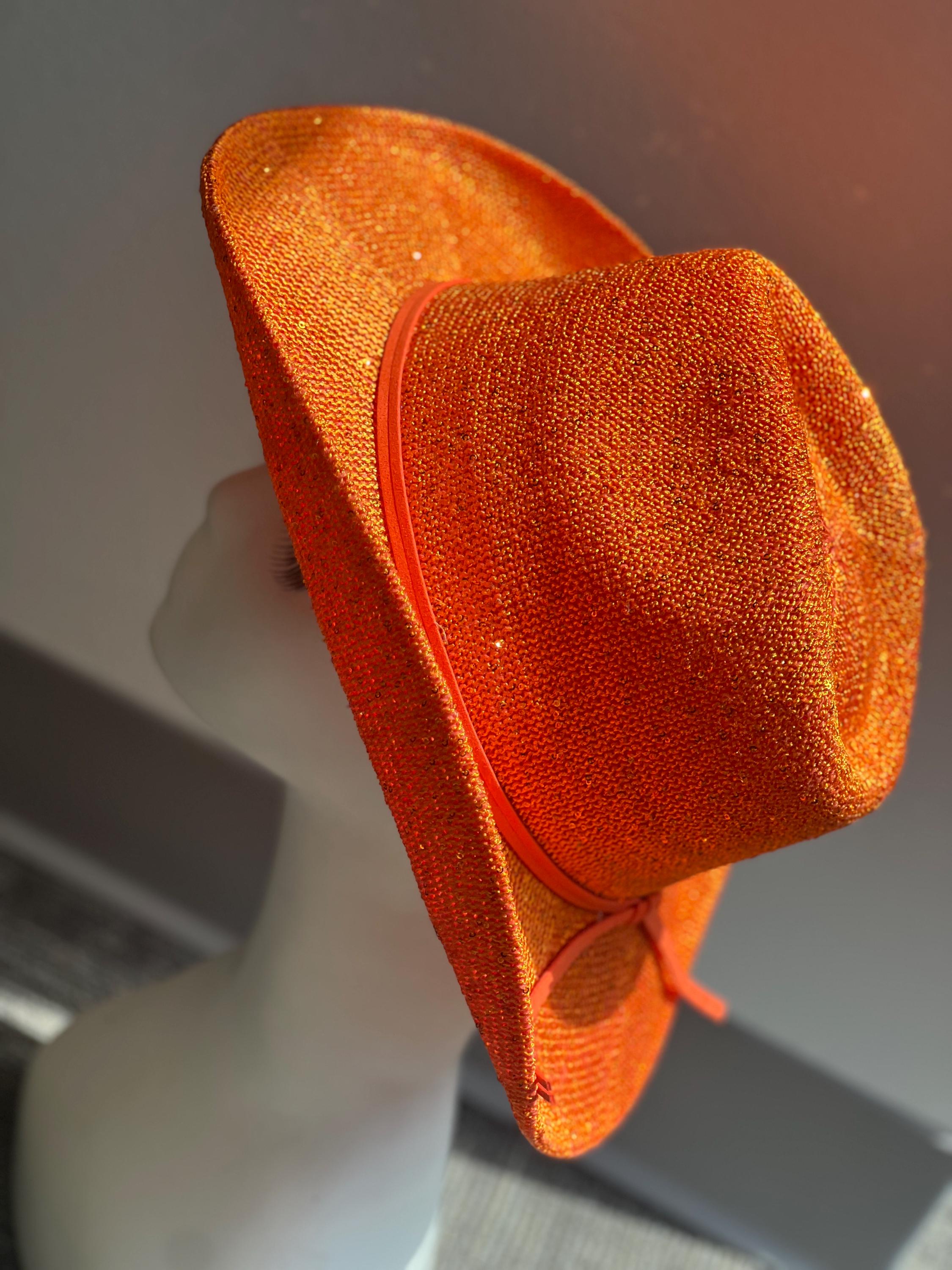 VTG Neon Orange Wool Gold Studded Festival Hat Glam Rock Western M/L USA Made Bull Ranch Women main image 2