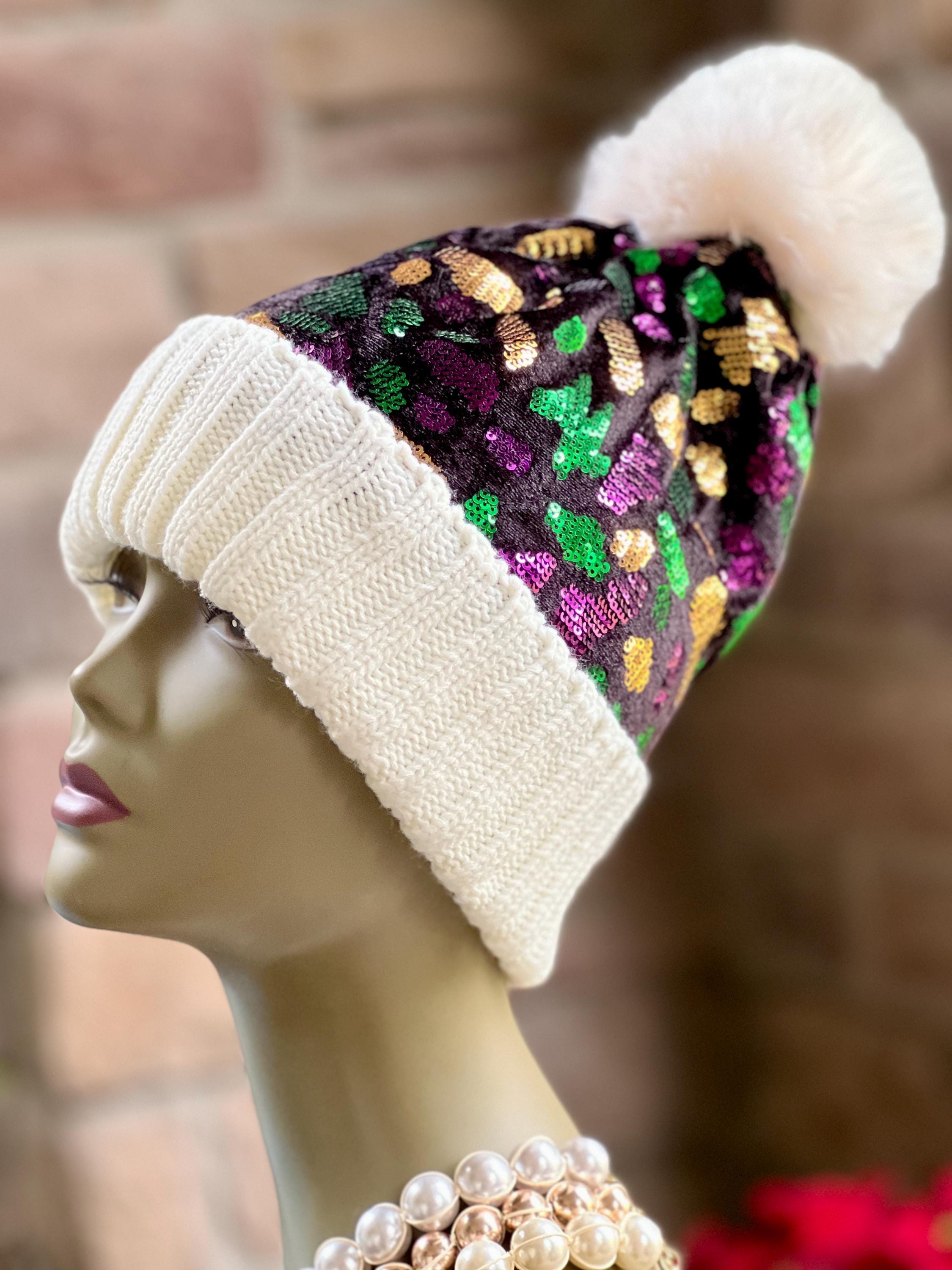 Mardi Gras Sequin Beanie With Pom-pom – Festive Sparkle Winter Hat
