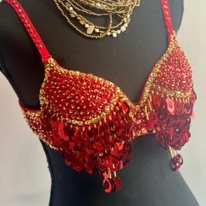 RED bra Glamorous Belly Dance Bra – Sequin & Beaded Performance Top for Dancers, Festivals  Costumes