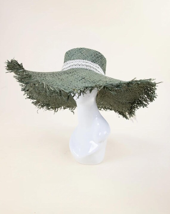 Handmade 100% Raffia Wide Brim Floppy Sun Hat Olive Green Coastal Resort Olive Green Raffia Sun Hat: Frayed Wide Brim With Lace  main image 2