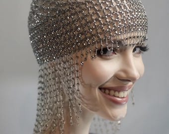 Silver Beaded Mesh Headpiece – Rhinestone-Look Fringe Cap, Costume Jewelry