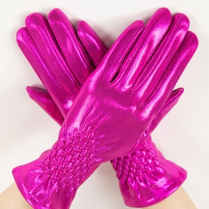 PINK Metallic Glam Party Gloves  Shimmering Ruched Wrist Detail Eye-Catching Gloves with Glossy Finish Elegant Ruched Wrist Details