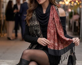 Black Metallic Brocade Crinkle Fringe Scarf – Reversible Wrap