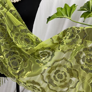 Lime Green Sheer Scarf Elegant Shimmering Evening Wrap Luxurious Lightweight Roses Sequin shawl Accessory Perfect | SOL24A326