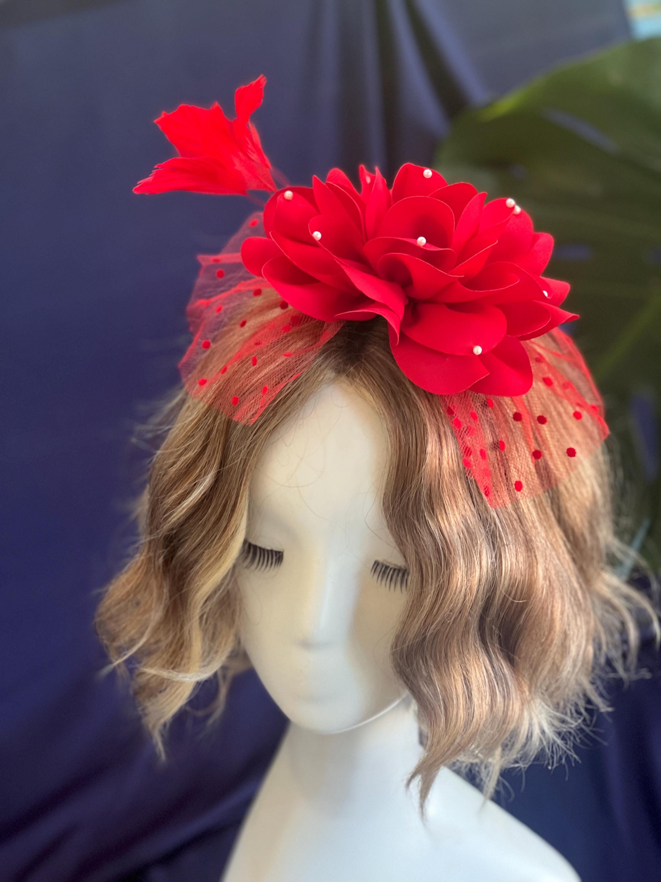 Red Satin Floral Fascinator: Elegant Feathered Headpiece - Etsy display picture 2