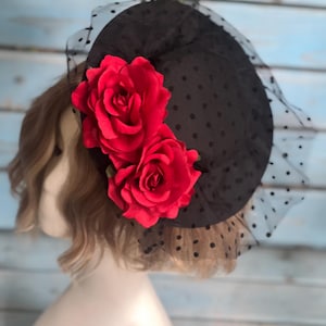 Black Fascinator Hat: Red Silk Roses & Veil, Derby Headpiece