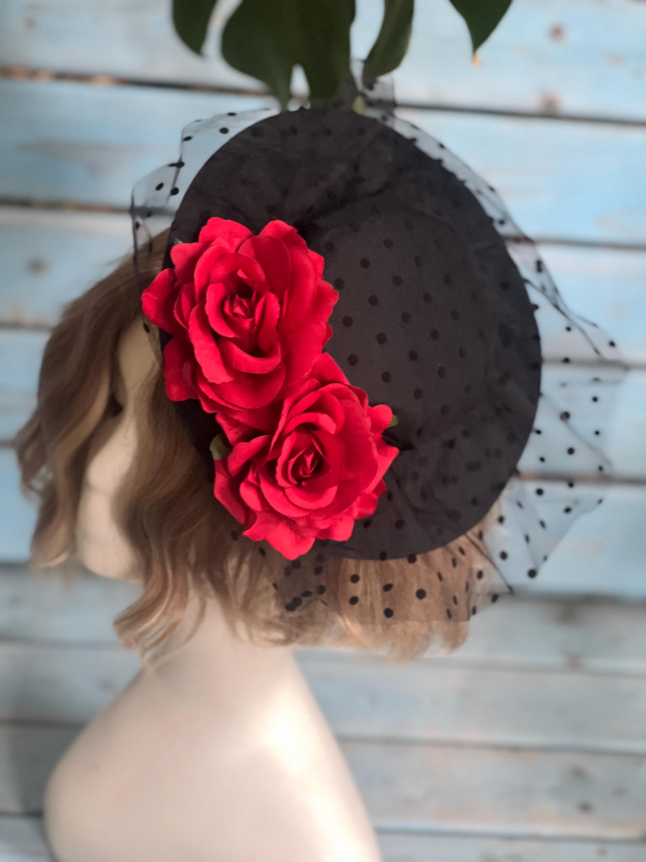 Black Fascinator Hat: Red Silk Roses & Veil, Derby Headpiece 