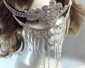 Strass-Mesh-Stirnband Mit Kristallen – Glitzernde Maske Für Halloween, Rave & Partys, Einheitsgröße, Silber