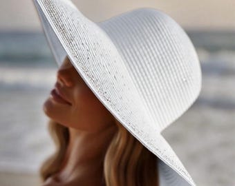 White Raffia Sun Hat: Wide Brim Floppy Beach Hat with Rhinestones