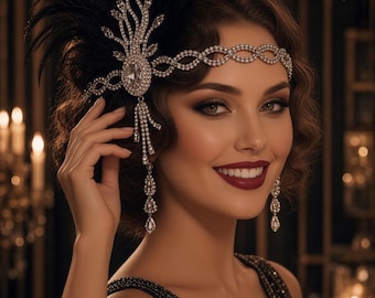 Black Feather Silver Rhinestone Flapper Headband – Great Gatsby Art Deco Headpiece