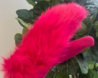 Hot Pink Cozy Faux Fur Mittens – Warm Winter Gloves, Soft Suede Feel